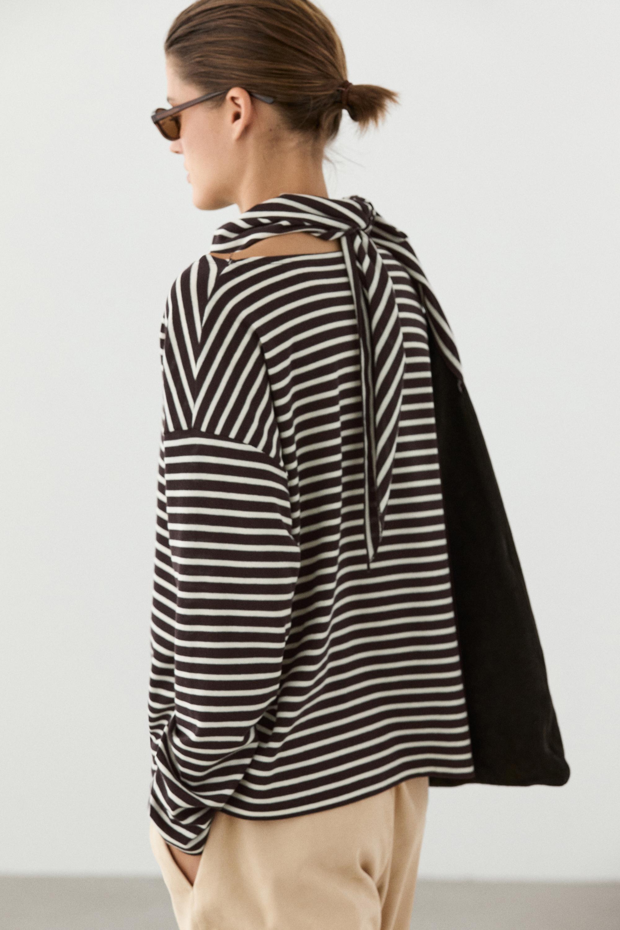 Cotton blend striped T-shirt with scarf detail